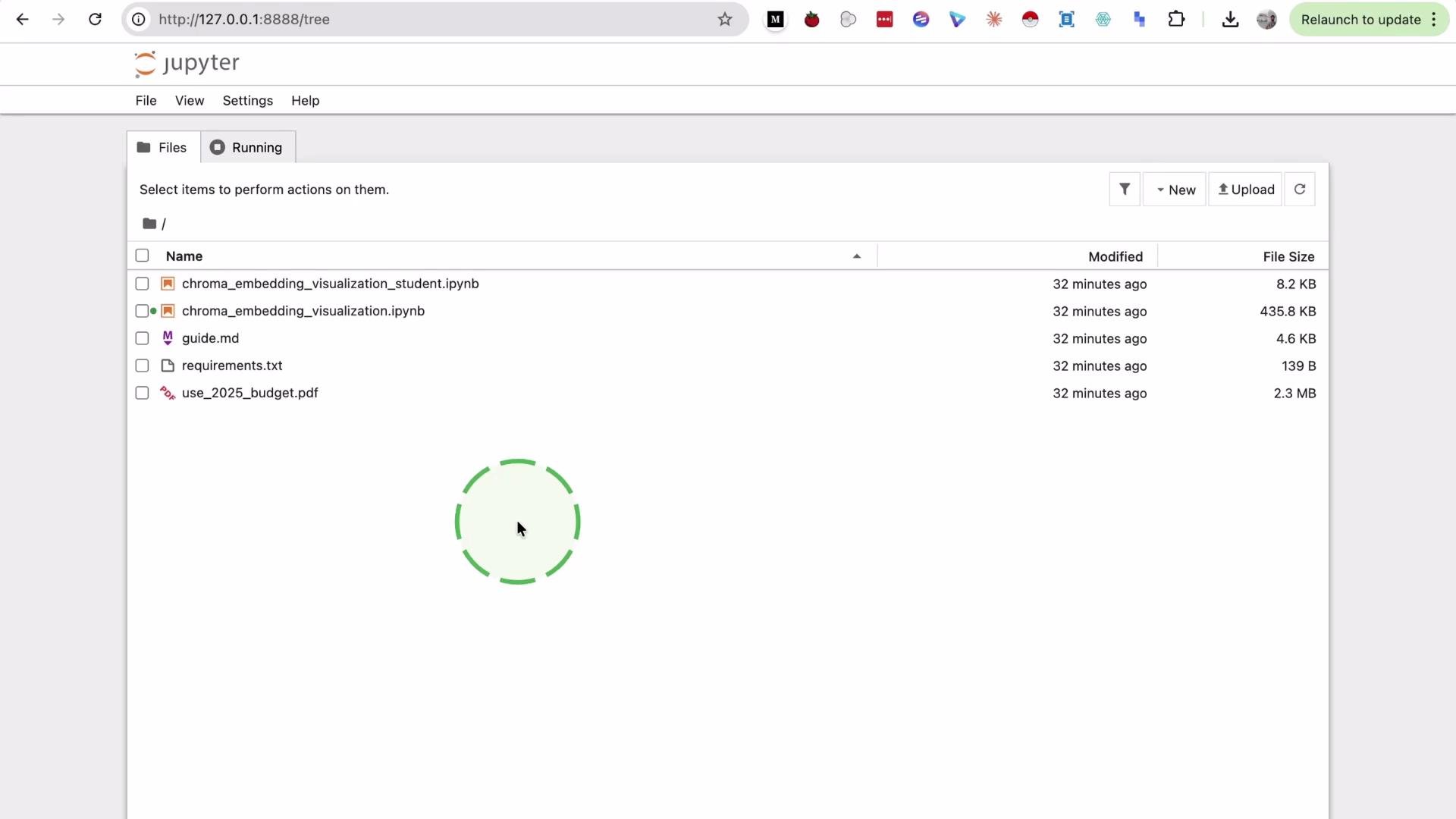 The image shows a Jupyter Notebook interface displaying a file directory, which includes various files like Jupyter notebooks, a markdown file, a requirements text file, and a PDF document.