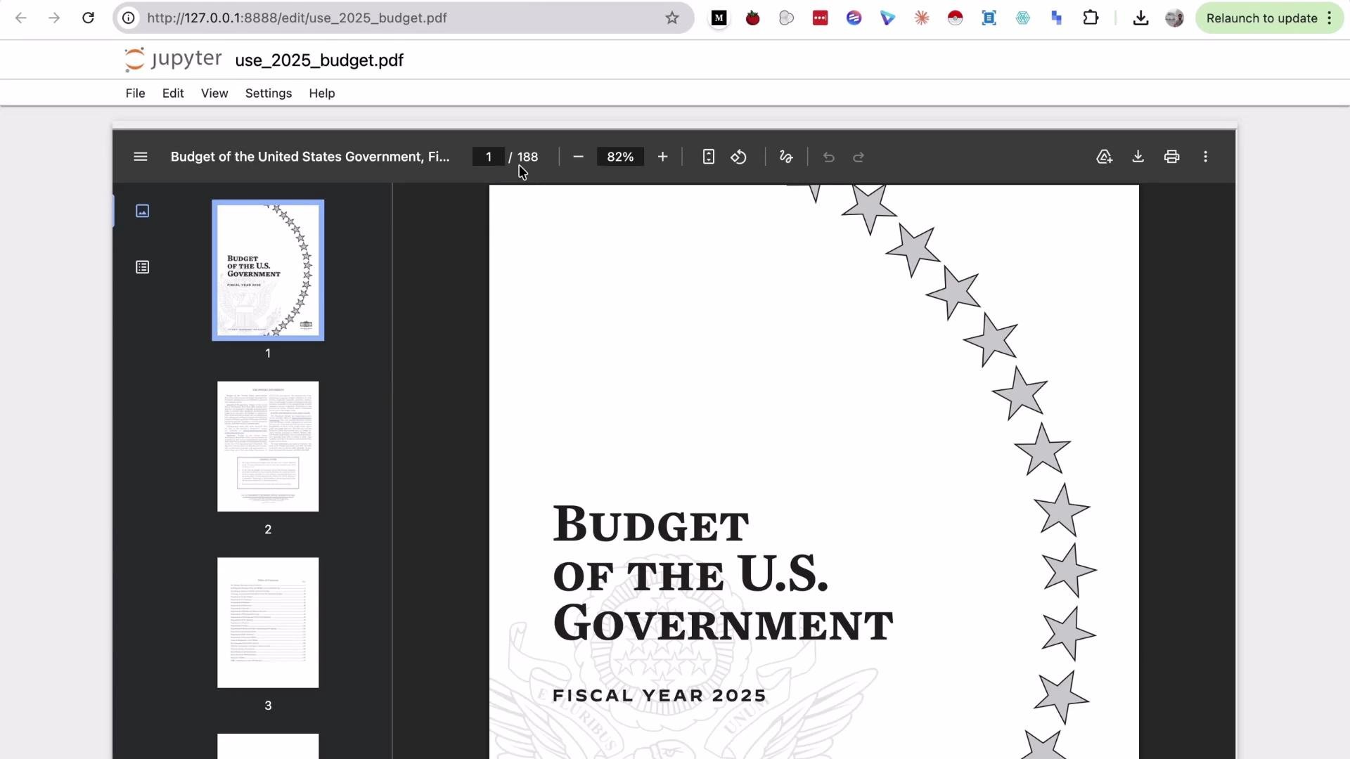 The image shows a digital PDF viewer open to the document "Budget of the U.S. Government, Fiscal Year 2025," displaying its cover page and thumbnails of the first few pages.