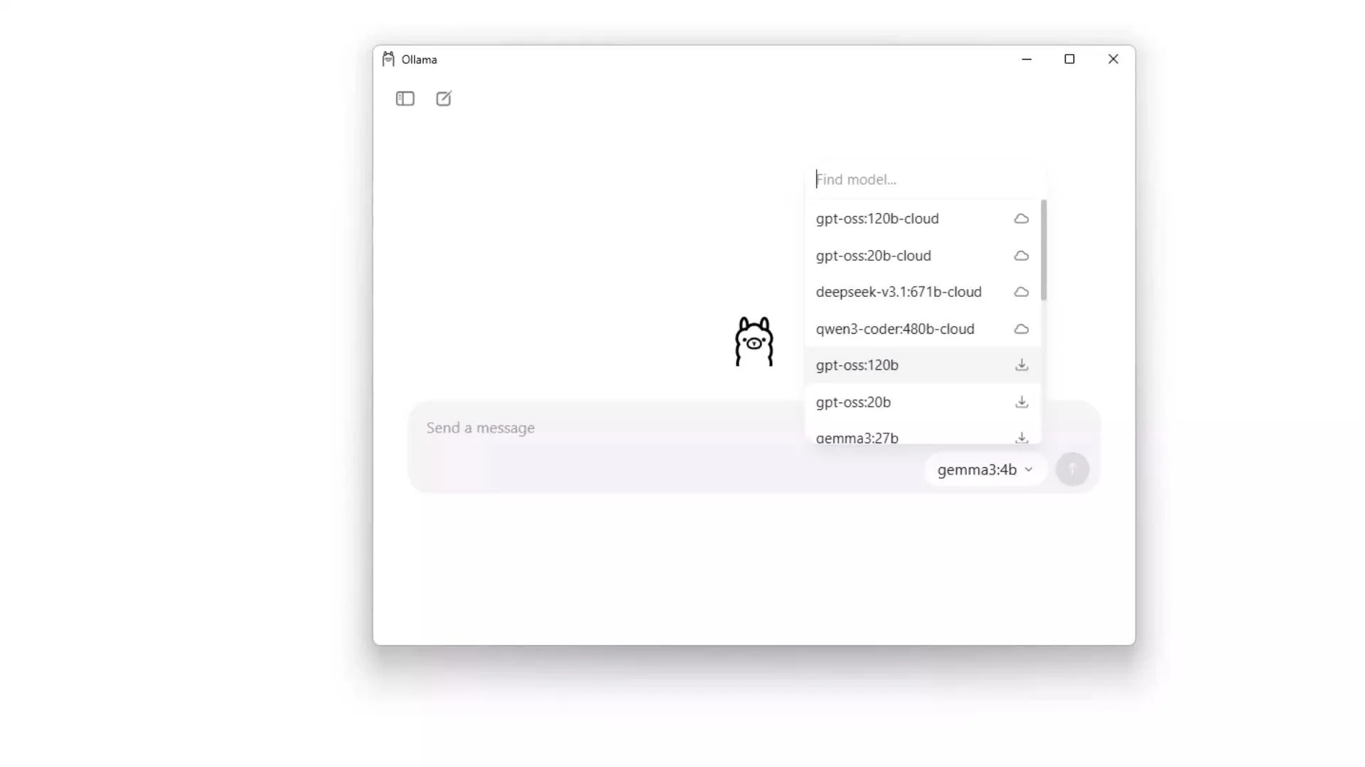 The image displays a software interface with a selection menu for AI models, accompanied by a simple cartoon doodle resembling a llama.