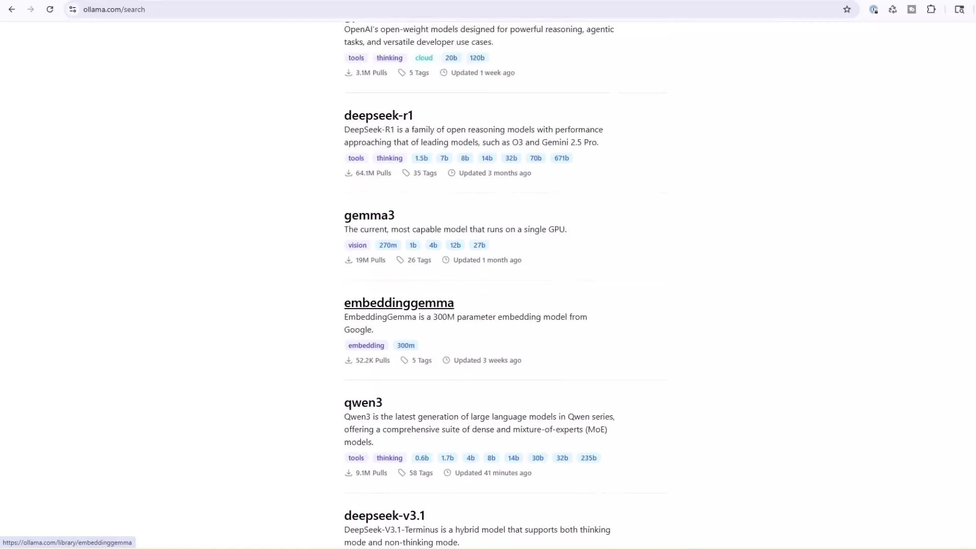 The image shows a webpage from ollama.com listing several AI models, each with descriptions, update information, and details on their characteristics and performance metrics.