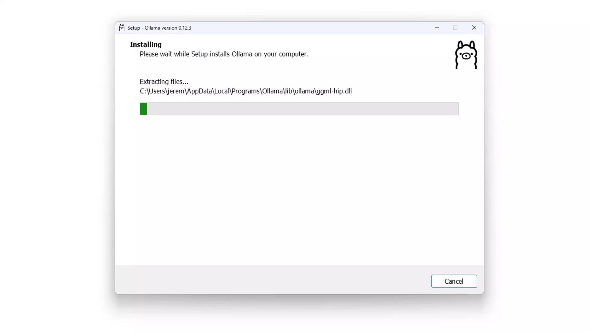 The image shows the installation progress of "Ollama" on a computer, with a progress bar and file extraction details. A cartoon llama graphic is displayed in the top right corner.