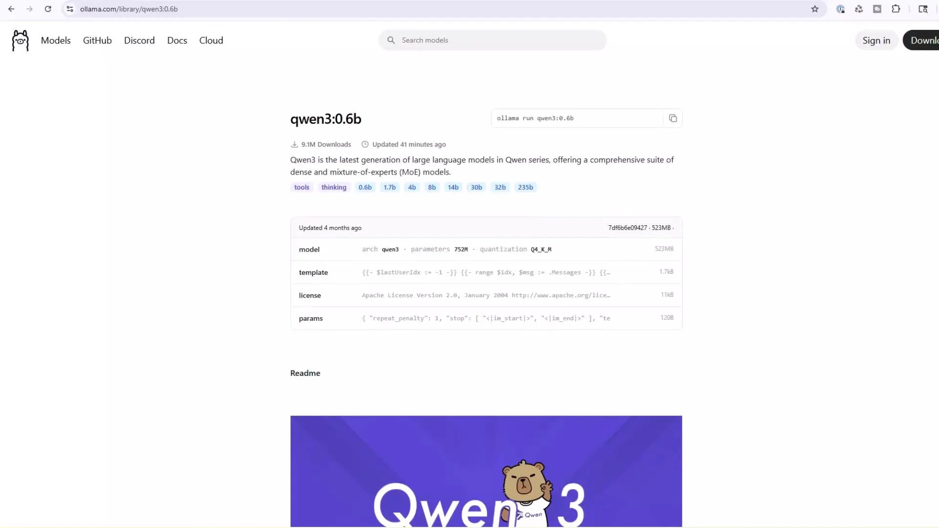 The image shows a webpage for a language model called "qwen3:0.6b" on the Ollama platform, including details about downloads, model specifications, and parameters. There's also a visual with a cartoon bear labeled "Qwen3."