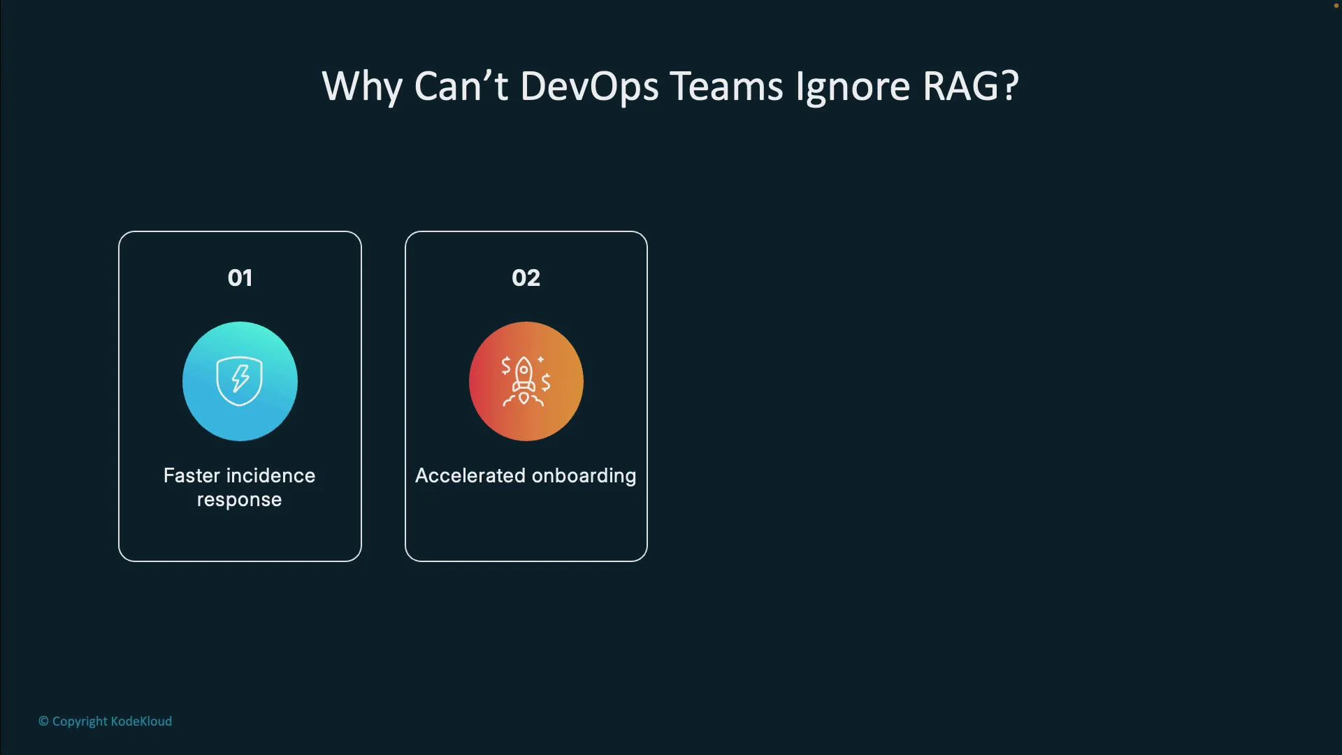 The image presents reasons DevOps teams can't ignore RAG, highlighting faster incident response and accelerated onboarding.