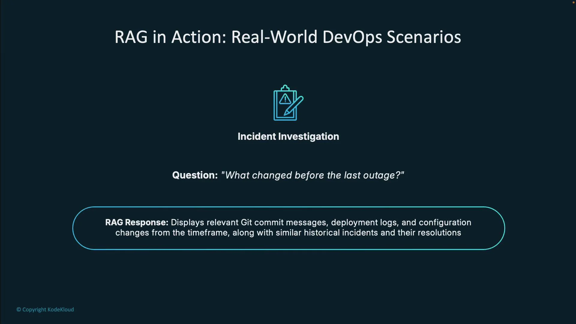 The image discusses incident investigation in DevOps scenarios, focusing on identifying changes before an outage using Git commit messages, deployment logs, and historical incidents.