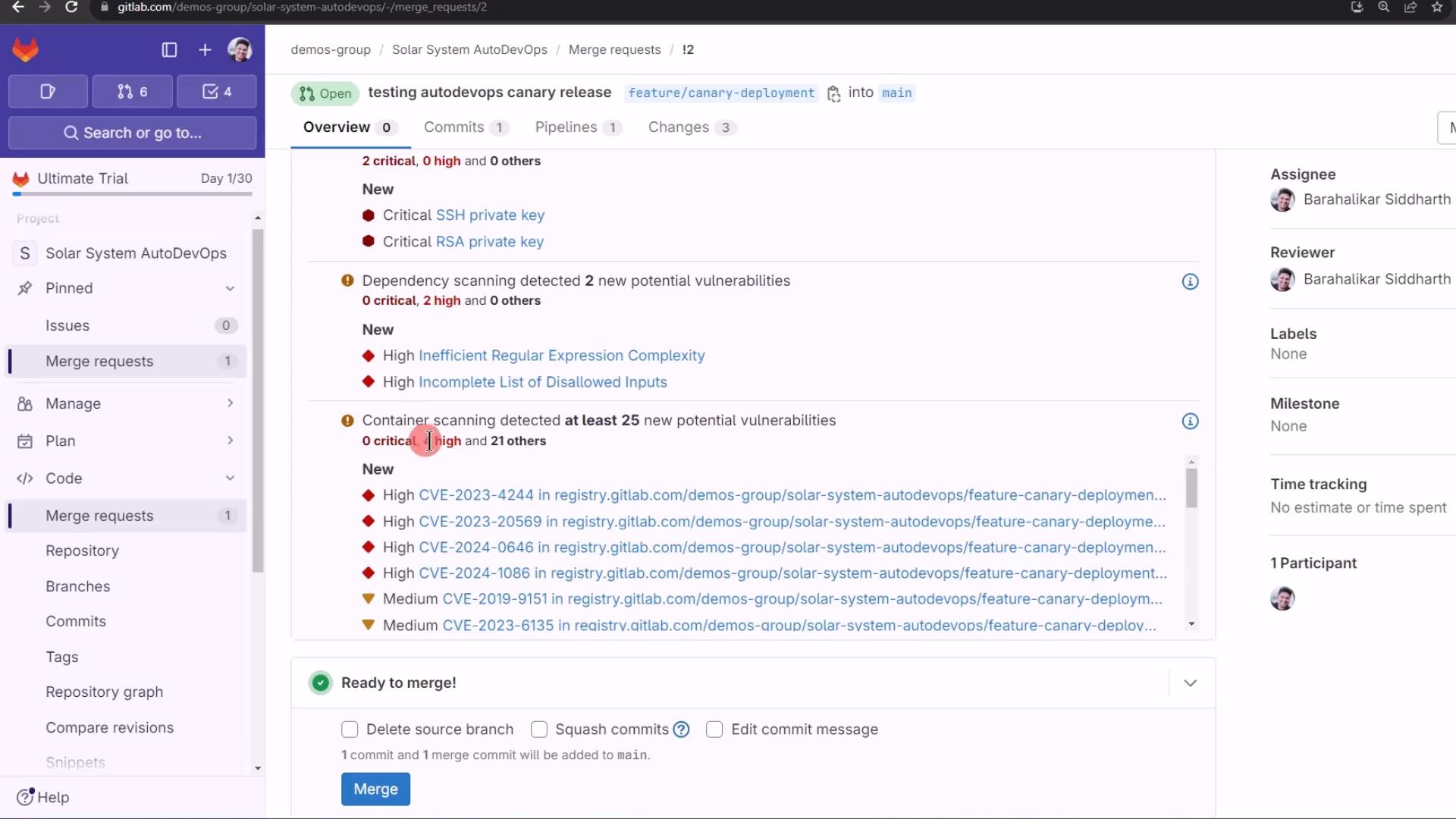 A GitLab merge request page displaying security scan findings (critical SSH/RSA private keys and multiple dependency/container vulnerabilities) and a "Ready to merge" section. The left sidebar shows project navigation and the right column lists assignee/reviewer and other merge details.
