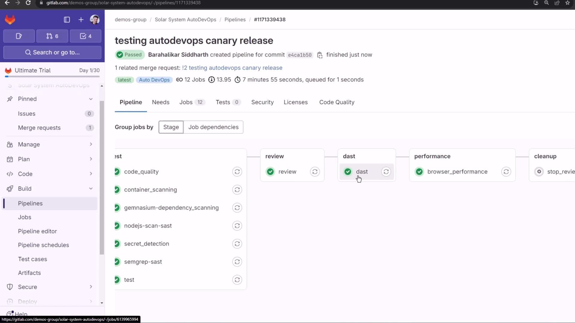 Screenshot of a GitLab Pipelines page for "testing autodevops canary release" showing a passed pipeline with stages and green check marks. Visible jobs include code_quality, container_scanning, dast, and browser_performance.