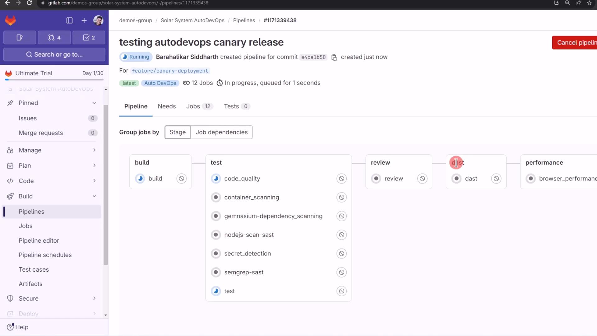 Screenshot of a GitLab Pipelines page showing a running AutoDevOps canary release with pipeline stages (build, test, review, dast, performance) and a list of jobs like code_quality and container_scanning. The left sidebar shows project navigation (Pipelines, Jobs, Code, etc.).