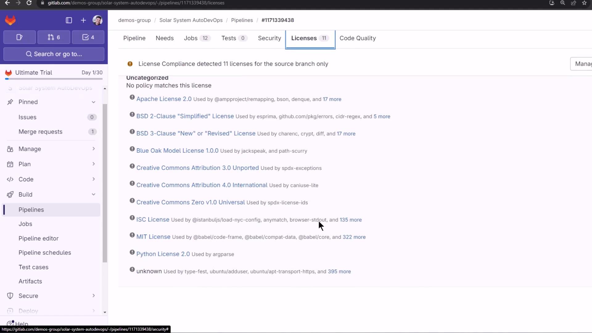 A screenshot of a GitLab project’s Pipelines → Licenses tab showing License Compliance detected 11 licenses and listing entries like Apache License 2.0, BSD 2‑Clause/3‑Clause, MIT, ISC, and others. The left sidebar shows project navigation items (Issues, Merge requests, Pipelines, Jobs).