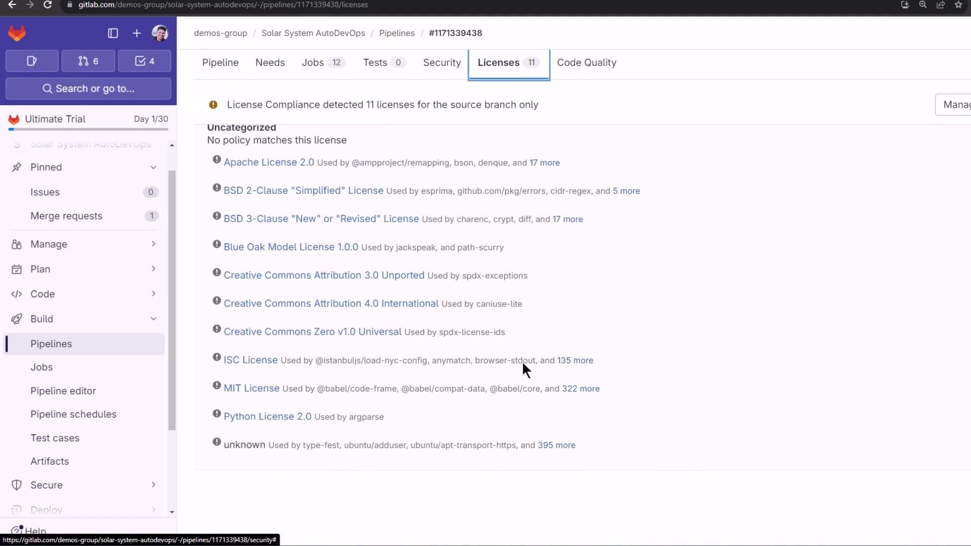 A screenshot of a GitLab project’s Pipelines → Licenses tab showing License Compliance detected 11 licenses and listing entries like Apache License 2.0, BSD 2‑Clause/3‑Clause, MIT, ISC, and others. The left sidebar shows project navigation items (Issues, Merge requests, Pipelines, Jobs).