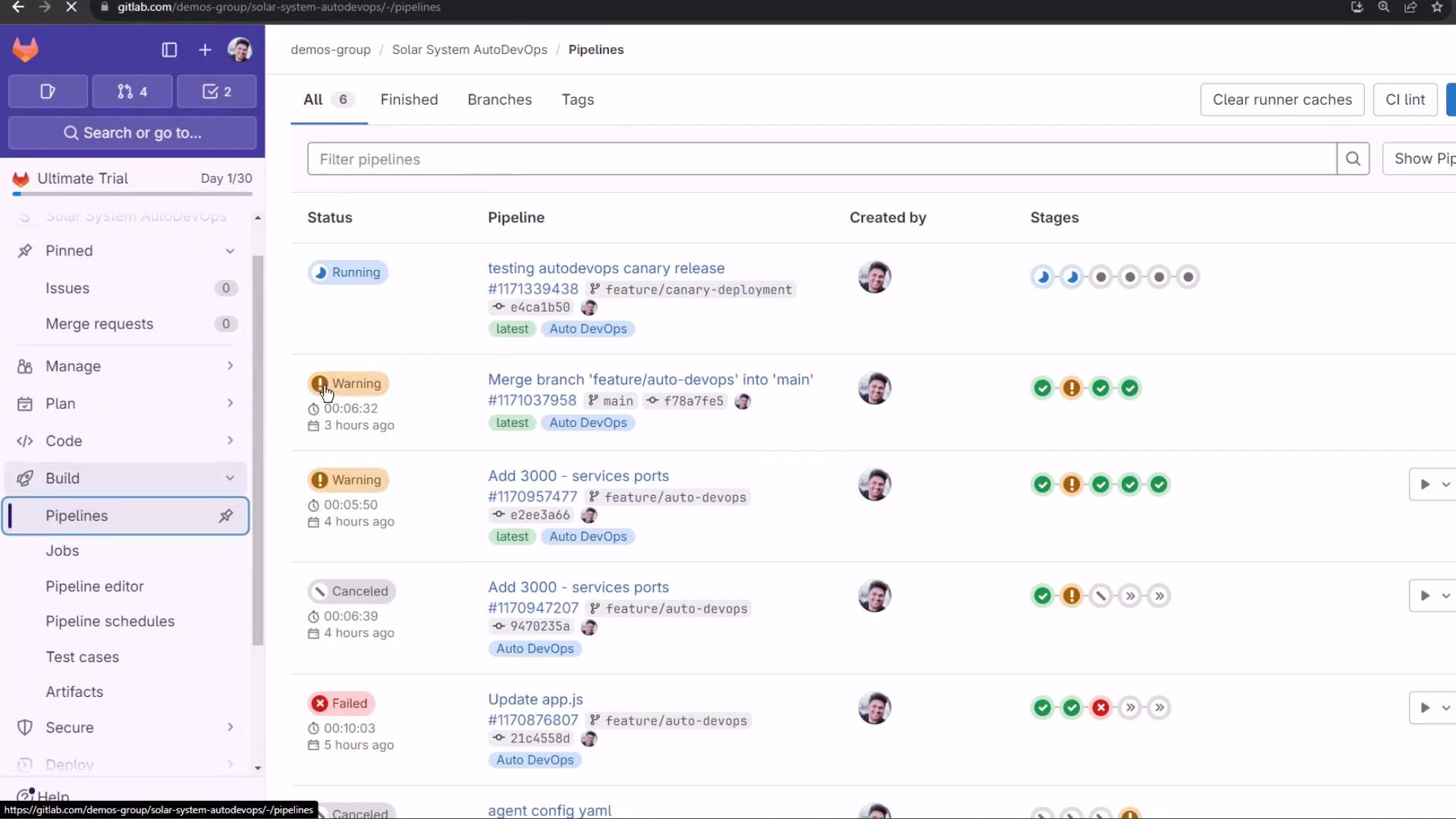 A screenshot of a GitLab project's Pipelines page showing a list of CI/CD pipelines with status badges (Running, Warning, Canceled, Failed), pipeline names, timestamps, and stage progress indicators. The left sidebar displays project navigation (Pipelines, Jobs, Code, etc.) and the top has filter and action buttons.