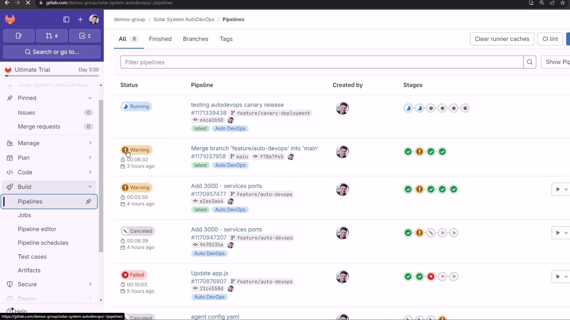 A screenshot of a GitLab project's Pipelines page showing a list of CI/CD pipelines with status badges (Running, Warning, Canceled, Failed), pipeline names, timestamps, and stage progress indicators. The left sidebar displays project navigation (Pipelines, Jobs, Code, etc.) and the top has filter and action buttons.