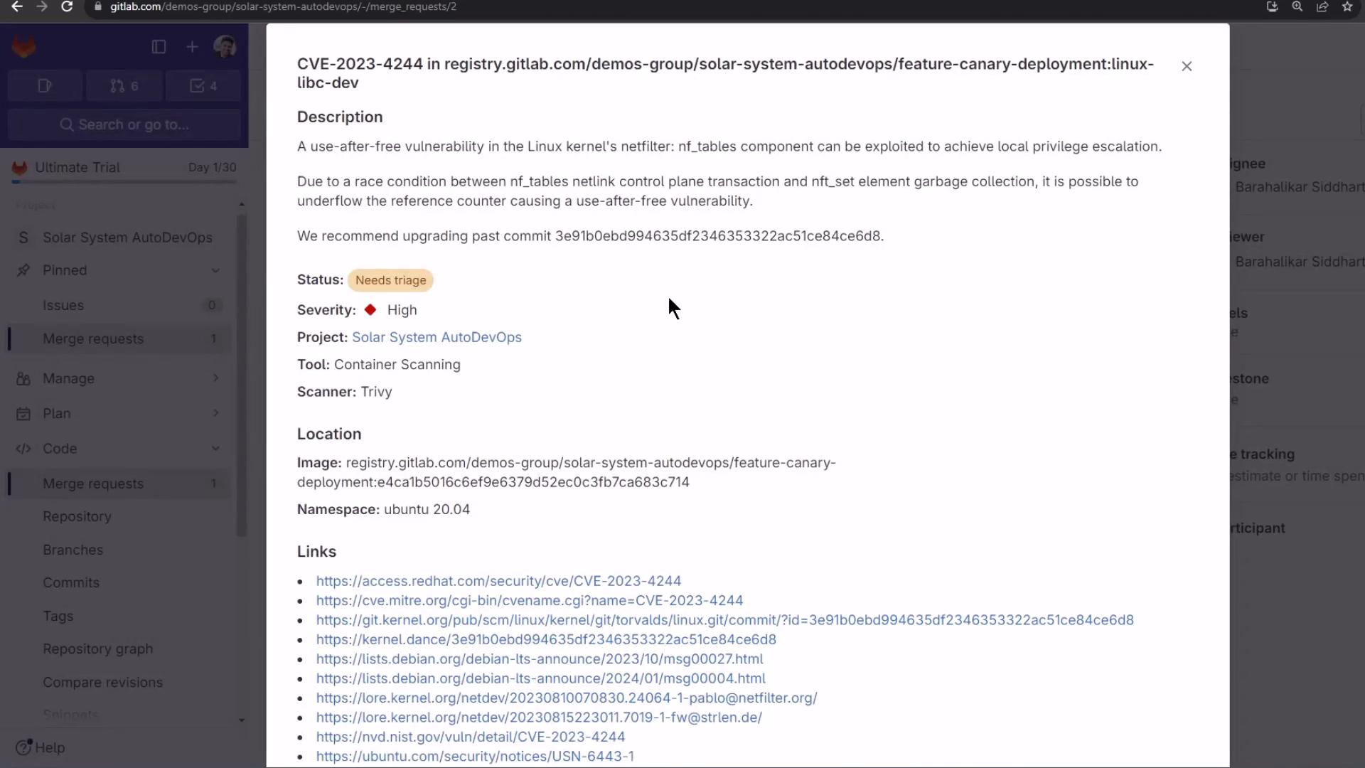A screenshot of a GitLab security report modal detailing CVE-2023-4244 (use-after-free) with a description, status "Needs triage", severity marked High, scanner (Trivy) and project/container info. The left side shows the GitLab project navigation for "Solar System AutoDevOps."