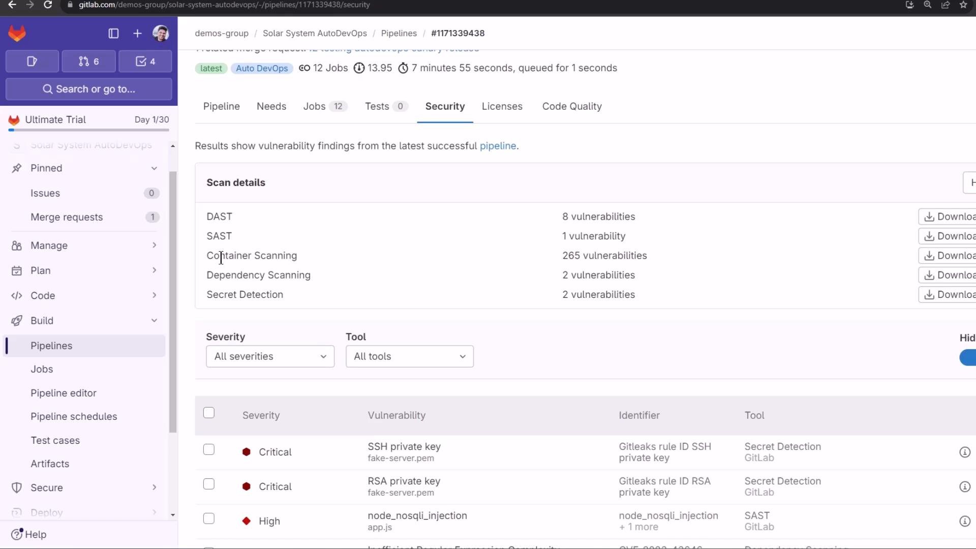 A screenshot of a GitLab project's Security tab showing vulnerability scan results and counts for DAST, SAST, Container Scanning, Dependency Scanning, and Secret Detection. Below that is a list of findings including critical SSH and RSA private key leaks and a high-severity node_nosqli_injection.
