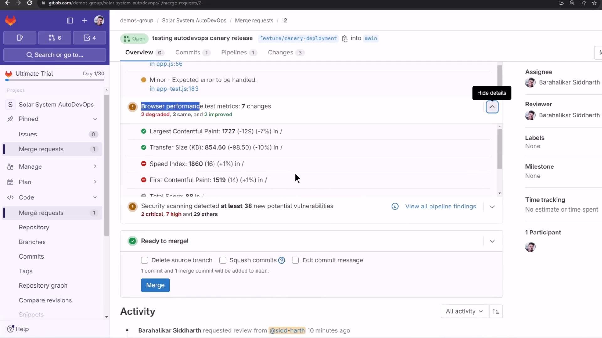 A GitLab merge request page for a "Solar System AutoDevOps" project showing browser performance test metrics, security scanning findings, and a "Ready to merge" section with a Merge button. The left sidebar shows project navigation while the right column displays assignee/reviewer avatars.