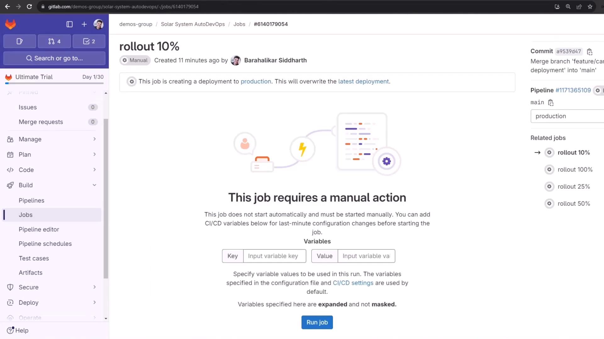 Screenshot of a GitLab CI/CD Jobs page for a "rollout 10%" manual deployment, showing the message "This job requires a manual action" with input fields for CI/CD variables and a "Run job" button. The left sidebar shows project navigation and the right panel lists related rollout jobs and pipeline/commit information.