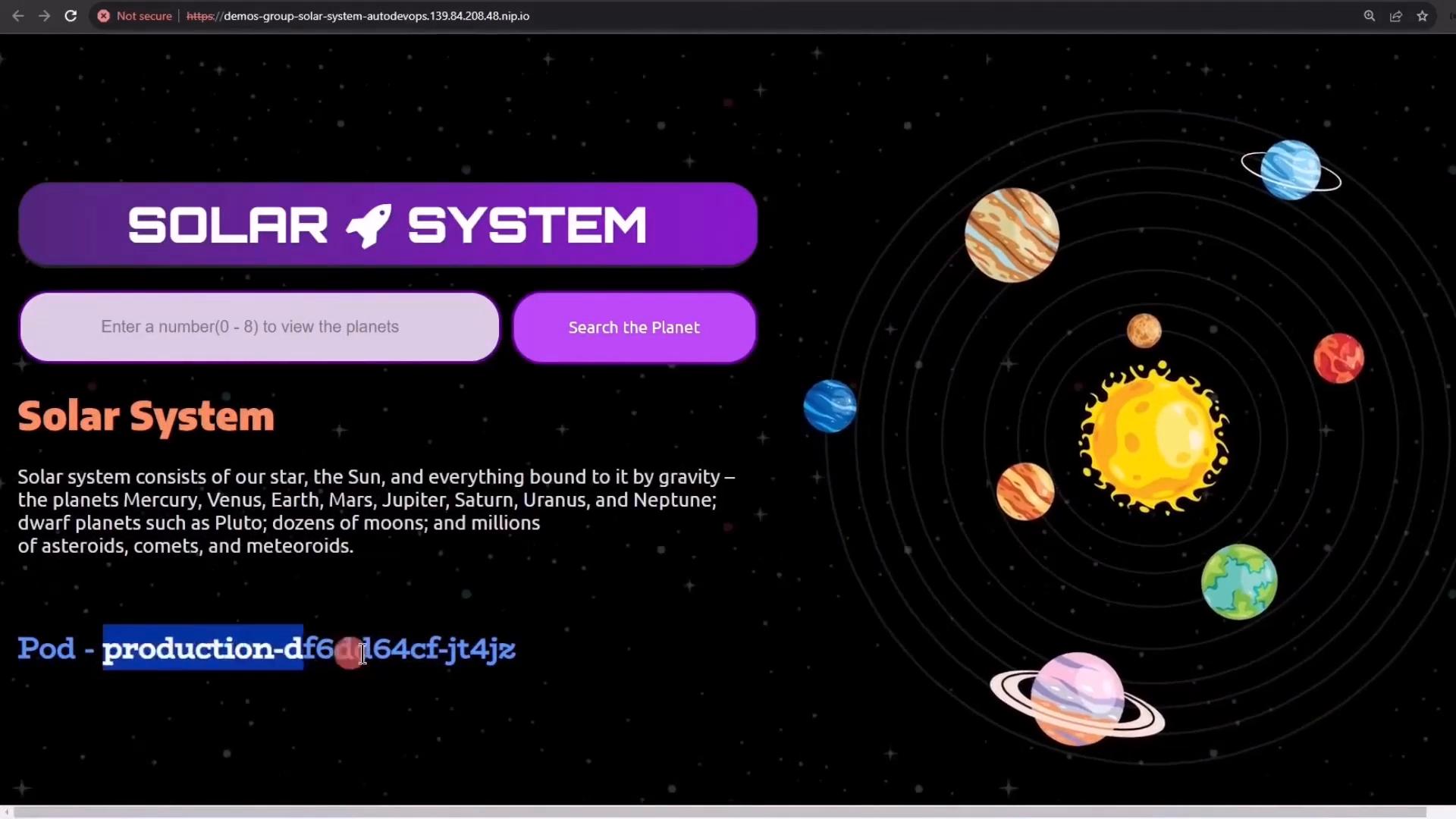 A colorful webpage titled "Solar System" showing a stylized sun and planets on orbital rings to the right, with a purple header, search button, and input field on the left. Descriptive text about the solar system appears below the header.