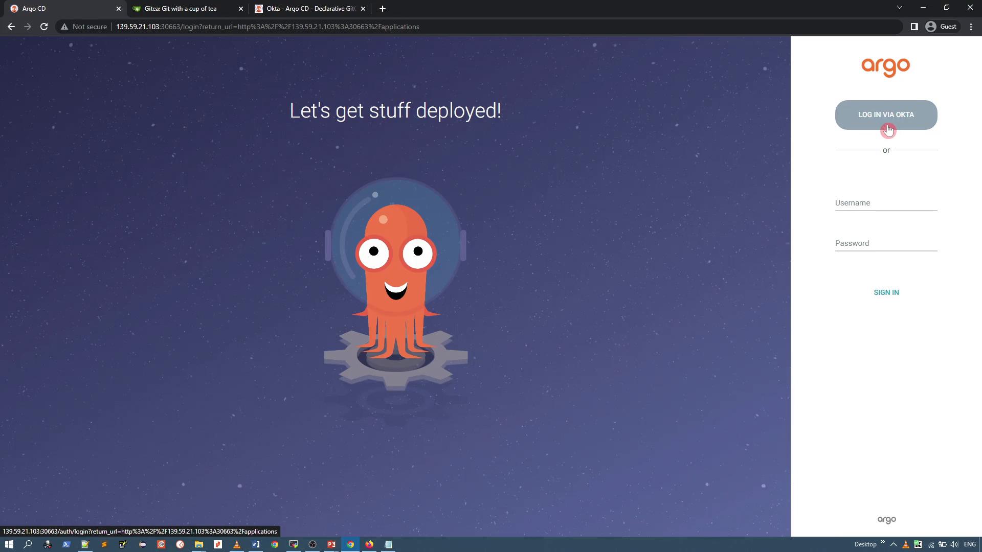 A web login screen for Argo CD showing a smiling orange octopus mascot in a space helmet standing on a gear under the text "Let's get stuff deployed!". A sign-in panel with an Argo logo and Okta/login fields appears on the right.