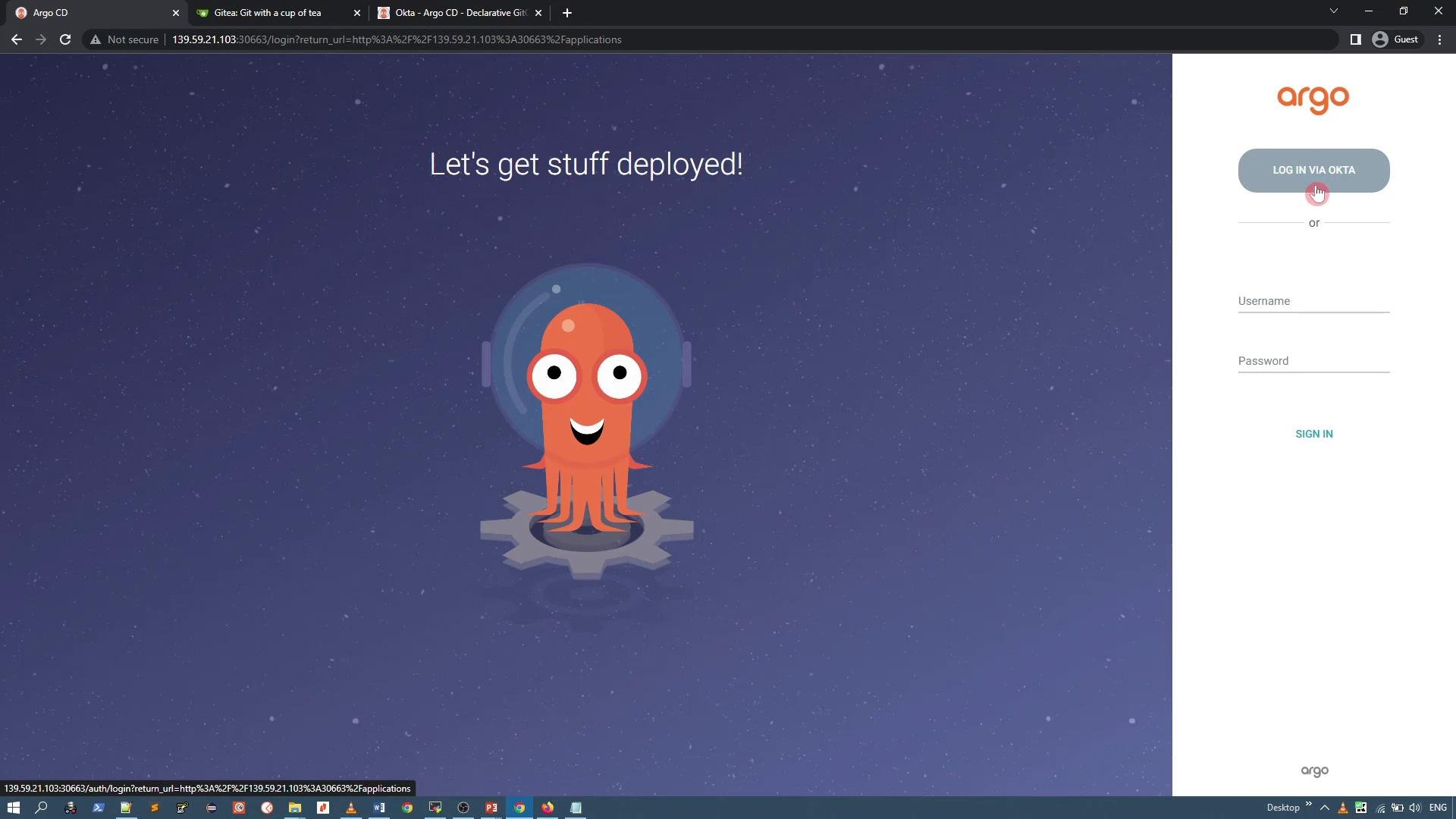 A web login screen for Argo CD showing a smiling orange octopus mascot in a space helmet standing on a gear under the text "Let's get stuff deployed!". A sign-in panel with an Argo logo and Okta/login fields appears on the right.