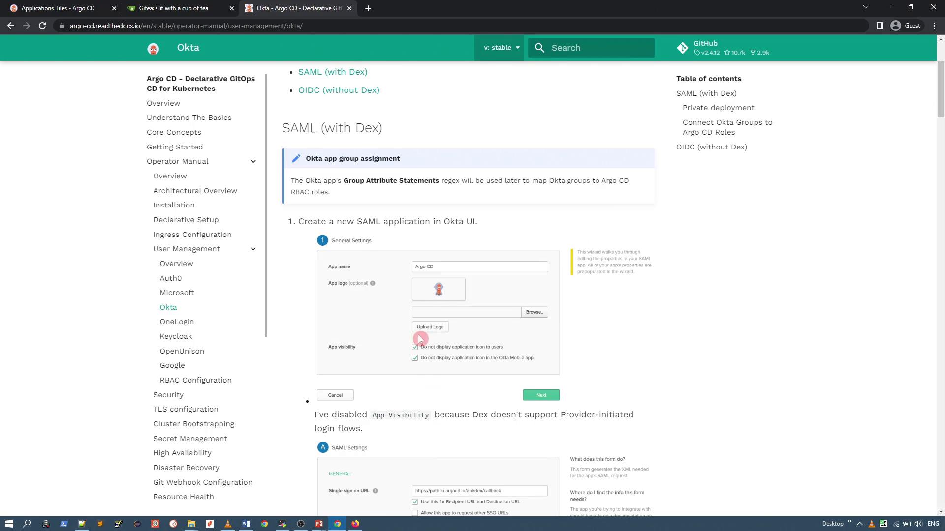 A browser screenshot of the Argo CD documentation site showing an "Okta" / "SAML (with Dex)" setup guide, with a left navigation menu of topics and the main content area containing instructions and screenshots.