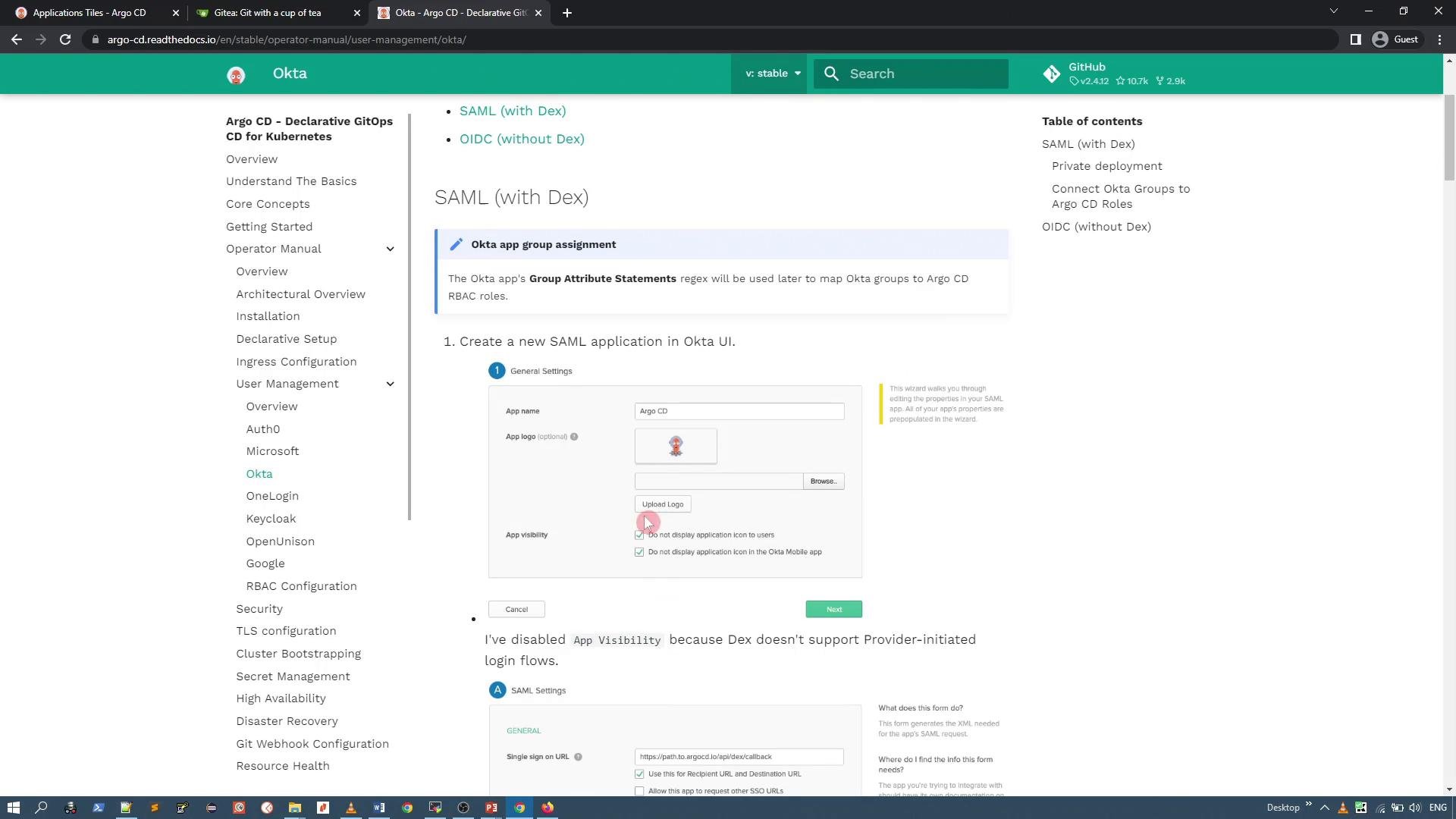 A browser screenshot of the Argo CD documentation site showing an "Okta" / "SAML (with Dex)" setup guide, with a left navigation menu of topics and the main content area containing instructions and screenshots.