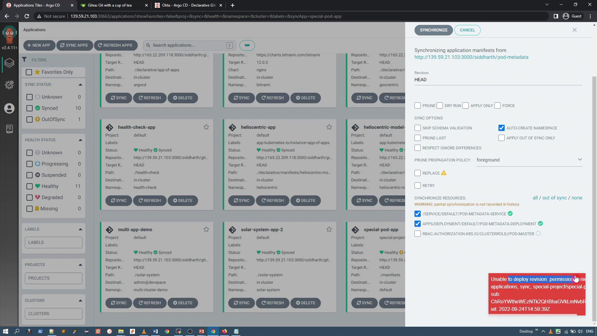 A screenshot of the Argo CD web UI displaying application tiles on the left and a "Synchronize" dialog with sync options on the right. A red error toast in the bottom-right reports "Unable to deploy revision: permission denied."