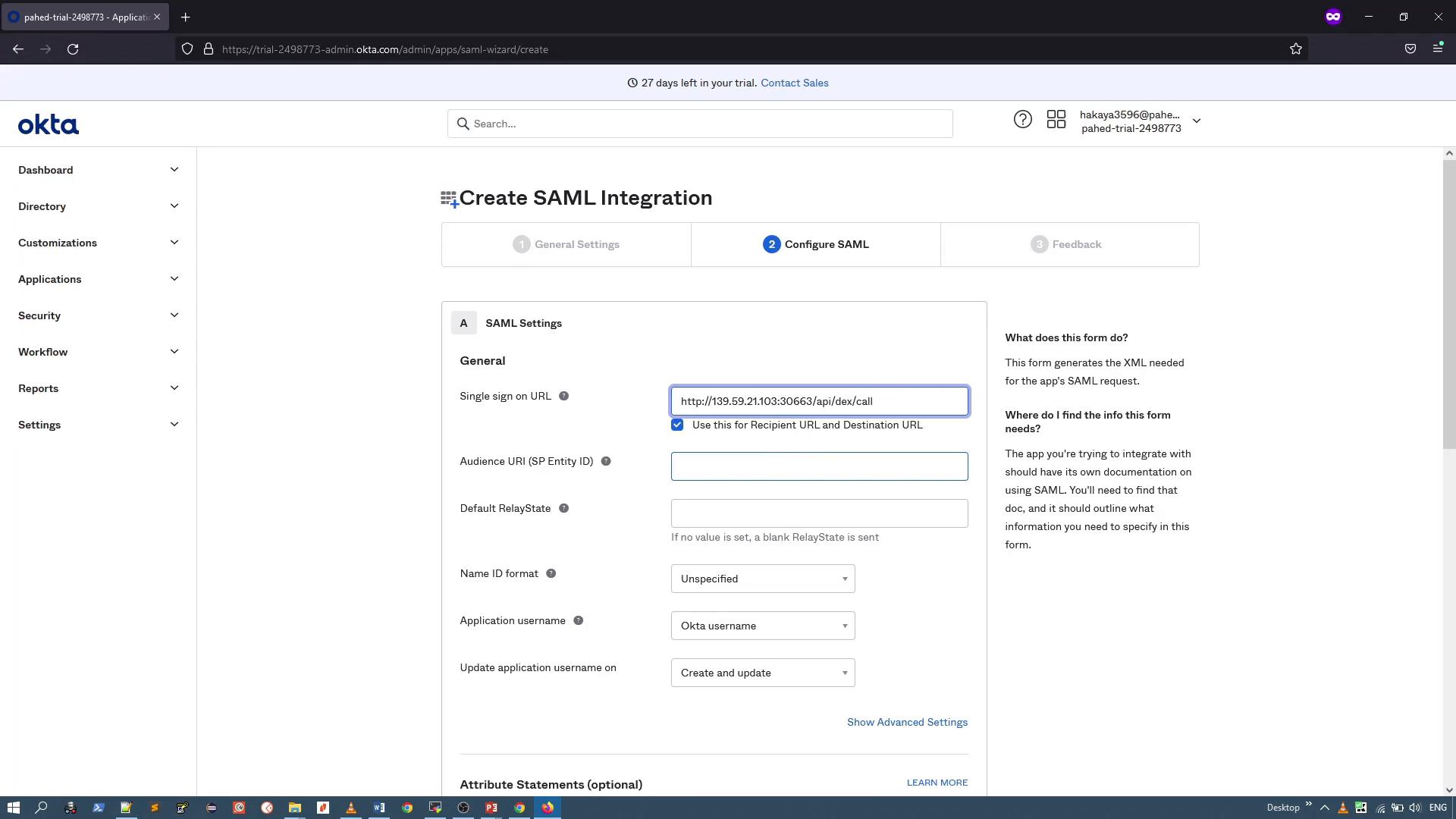 A screenshot of the Okta admin dashboard on the "Create SAML Integration" page showing SAML Settings fields. The form includes inputs like Single sign-on URL, Audience URI, Name ID format, and application username.