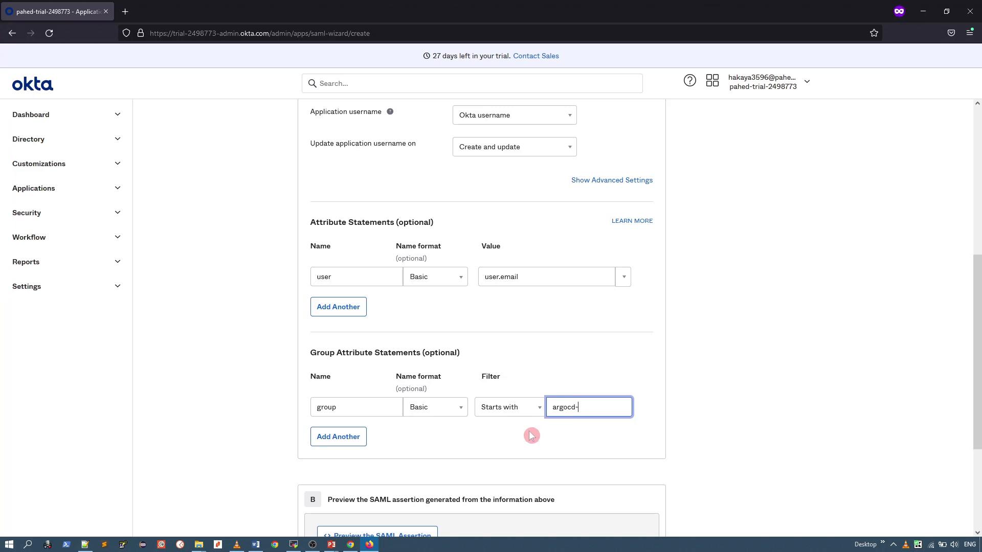 A screenshot of the Okta admin console on the SAML app settings page, showing Attribute Statements and Group Attribute Statements fields (e.g., user.email and a group filter starting with "argocd-"). The left navigation and trial banner are also visible.