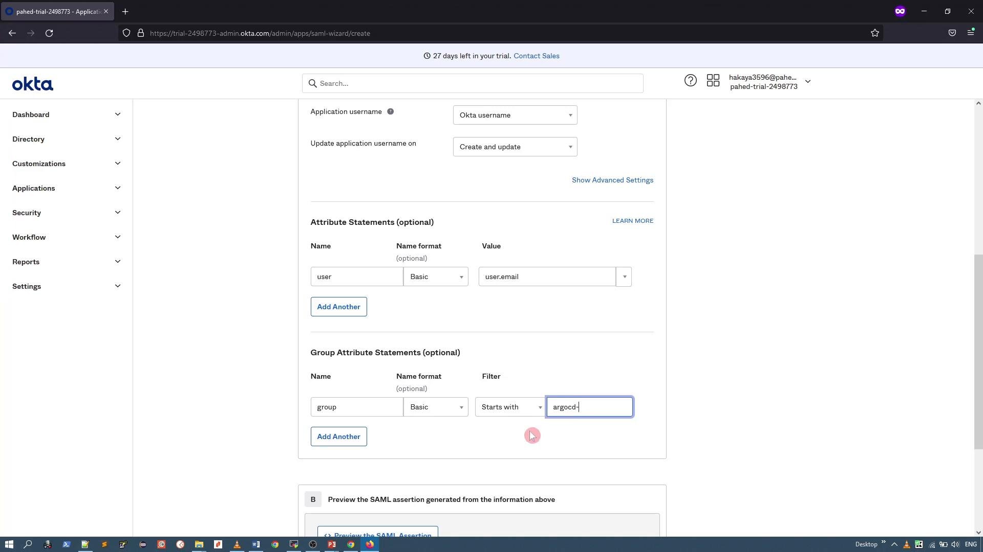 A screenshot of the Okta admin console on the SAML app settings page, showing Attribute Statements and Group Attribute Statements fields (e.g., user.email and a group filter starting with "argocd-"). The left navigation and trial banner are also visible.