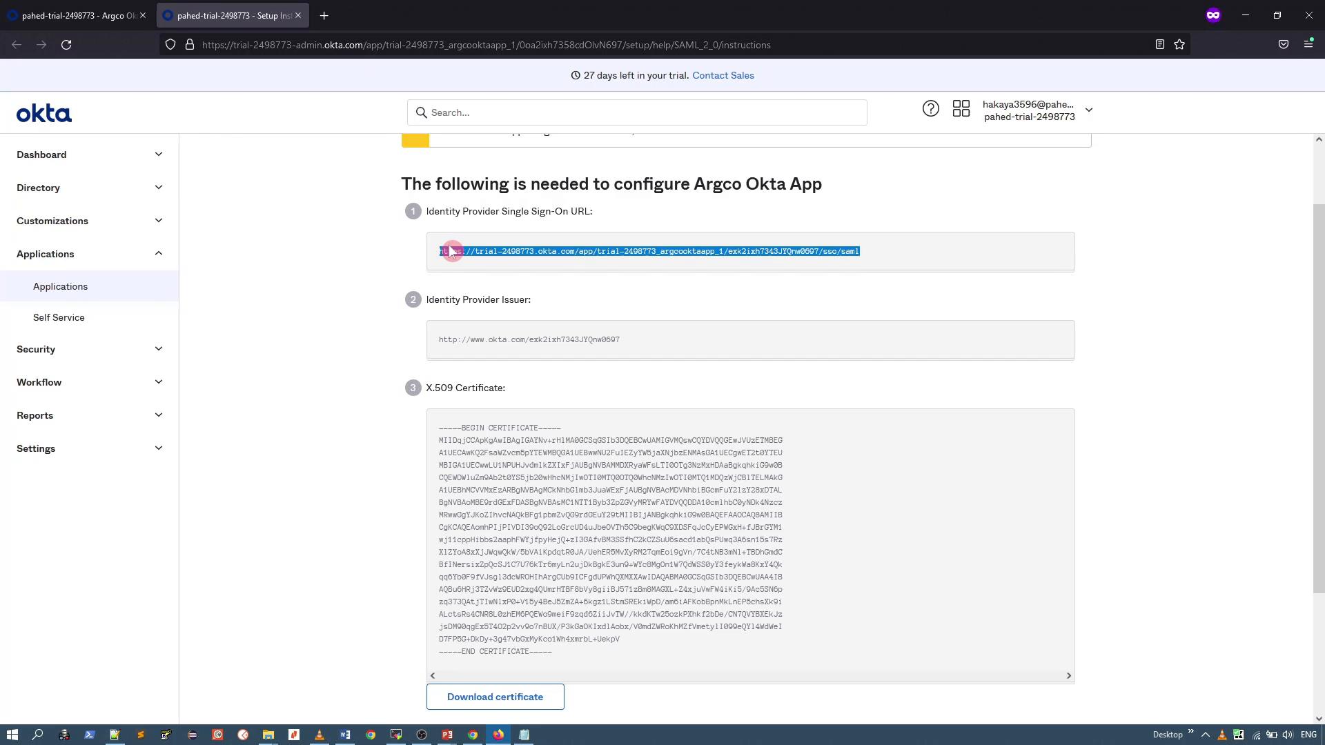 A screenshot of the Okta admin interface showing SAML configuration details for an app, including the Identity Provider Single Sign-On URL, Identity Provider Issuer, and a large X.509 certificate block. A "Download certificate" button is visible below the certificate.