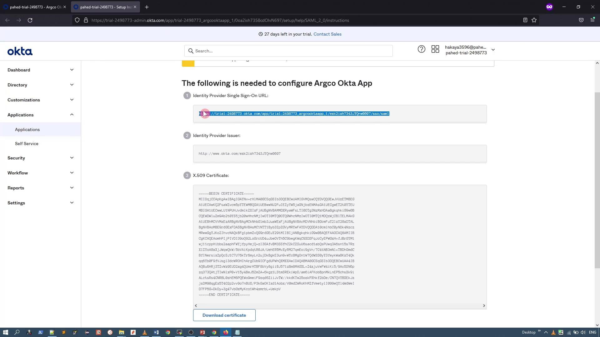 A screenshot of the Okta admin interface showing SAML configuration details for an app, including the Identity Provider Single Sign-On URL, Identity Provider Issuer, and a large X.509 certificate block. A "Download certificate" button is visible below the certificate.