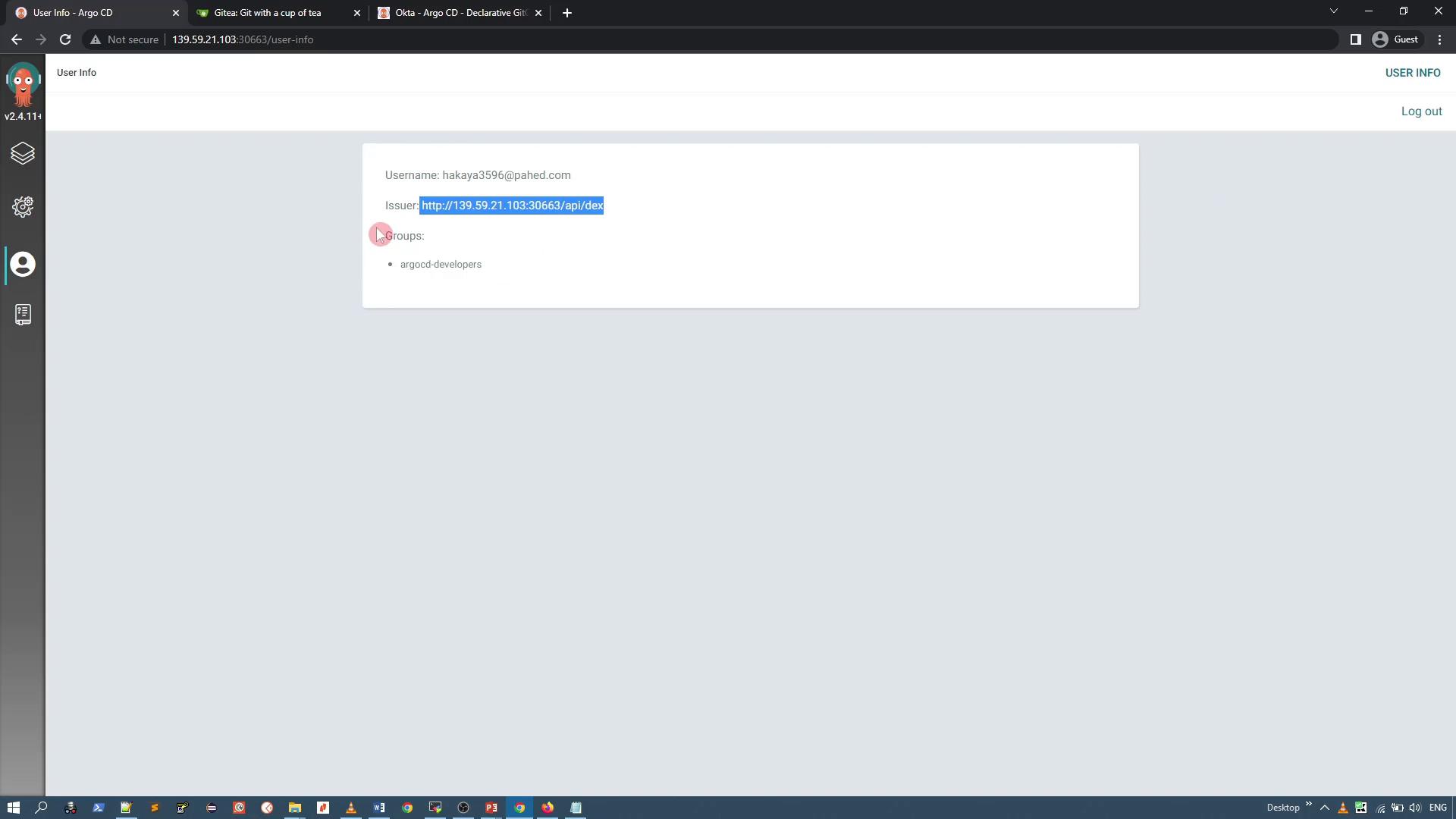 A screenshot of a web app "User Info" page showing the username hakaya3596@pahed.com, a highlighted issuer URL, and the group "argocd-developers." The browser window also shows tabs and a left navigation sidebar.