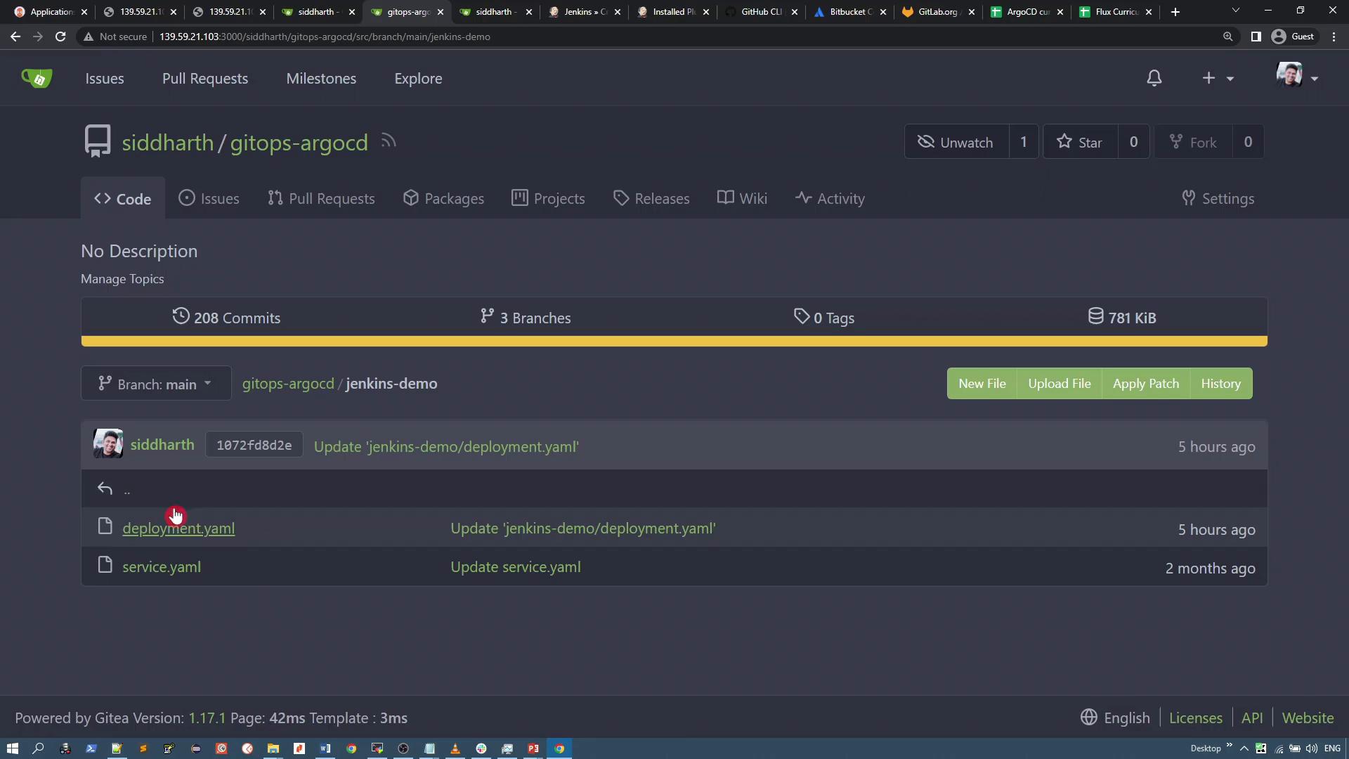 A dark-themed code hosting repository page (looks like Gitea) showing commit/branch info and a file listing. Visible files include deployment.yaml and service.yaml, with buttons for New File, Upload File and history.