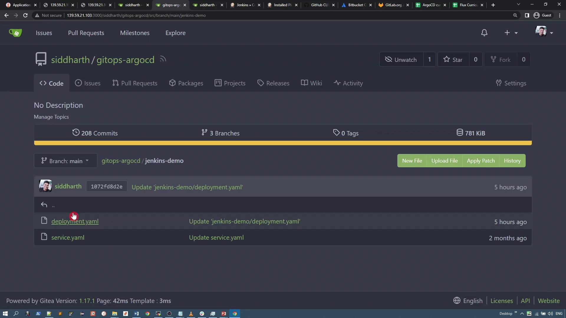 A dark-themed code hosting repository page (looks like Gitea) showing commit/branch info and a file listing. Visible files include deployment.yaml and service.yaml, with buttons for New File, Upload File and history.