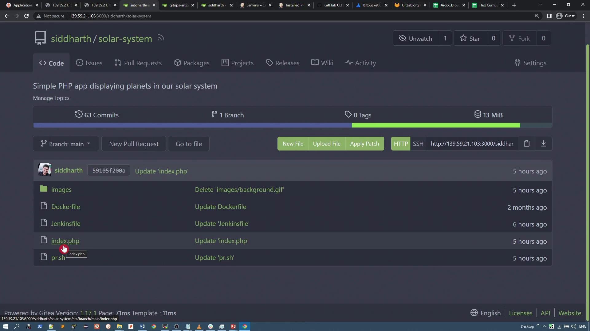 A dark-themed Gitea repository page for "siddharth/solar-system" showing a Simple PHP app (63 commits, 1 branch, ~13 MiB) and a visible HTTP clone URL. The file list and recent commits are shown, including images, Dockerfile, Jenkinsfile, index.php and pr.sh.