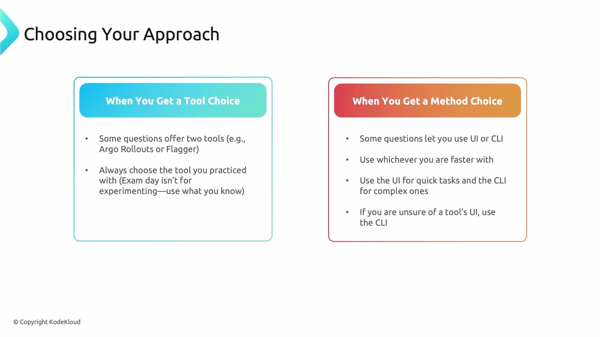 The image provides guidance on choosing approaches for questions, either by selecting familiar tools or methods, or by decision-making between UI and CLI based on efficiency and task complexity.