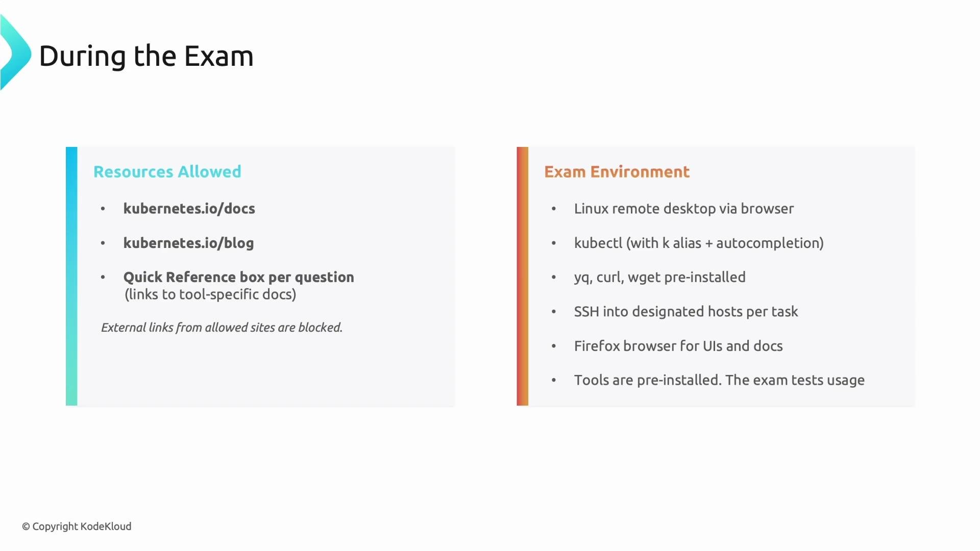 The image provides guidelines for an exam, listing allowed resources such as certain Kubernetes documentation and describing the exam environment, including tools and software setup.