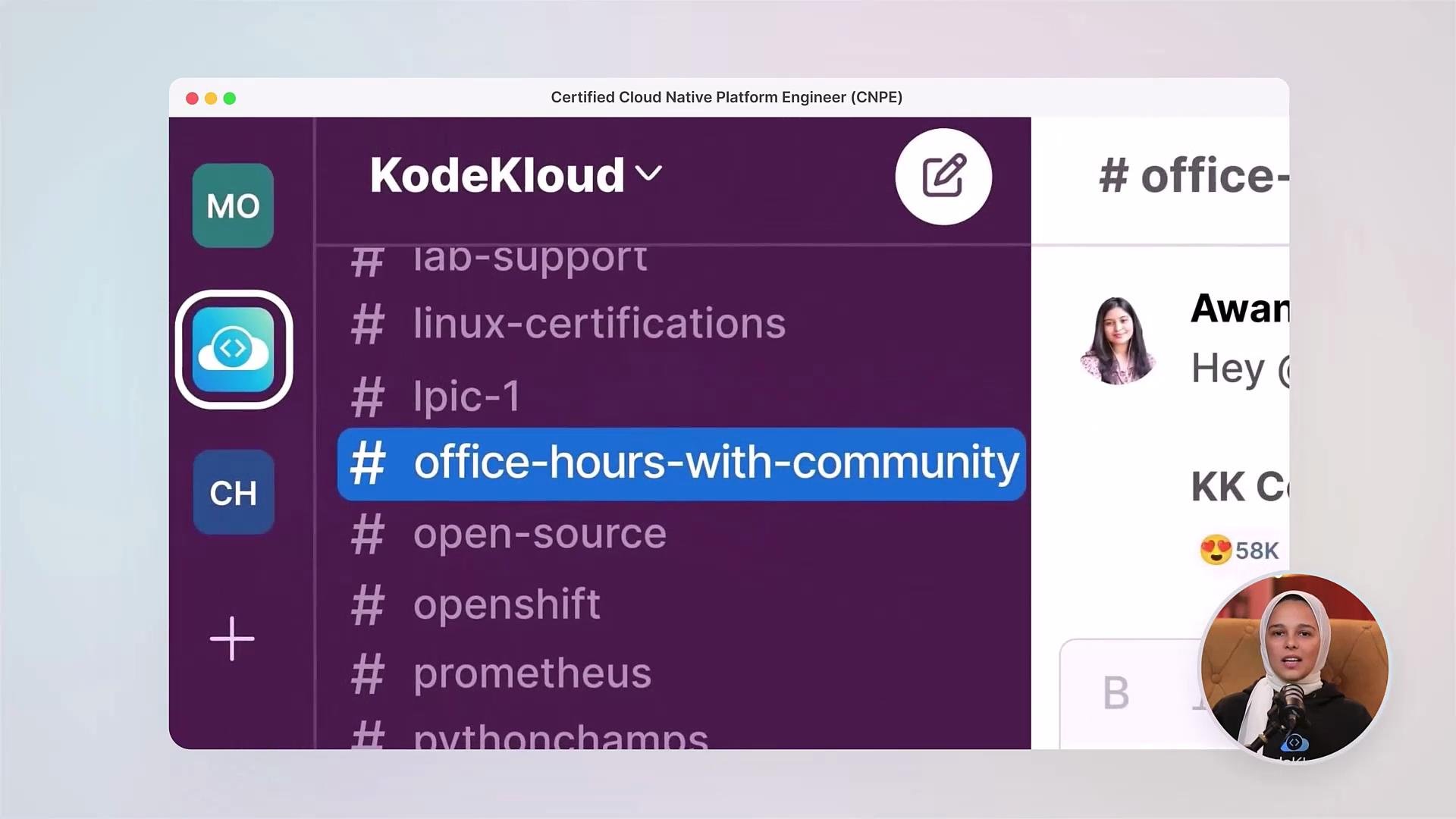 The image shows a chat application interface with a selection of channels, specifically highlighting the channel "#office-hours-with-community." There are profile pictures of users and a text message on the right side.