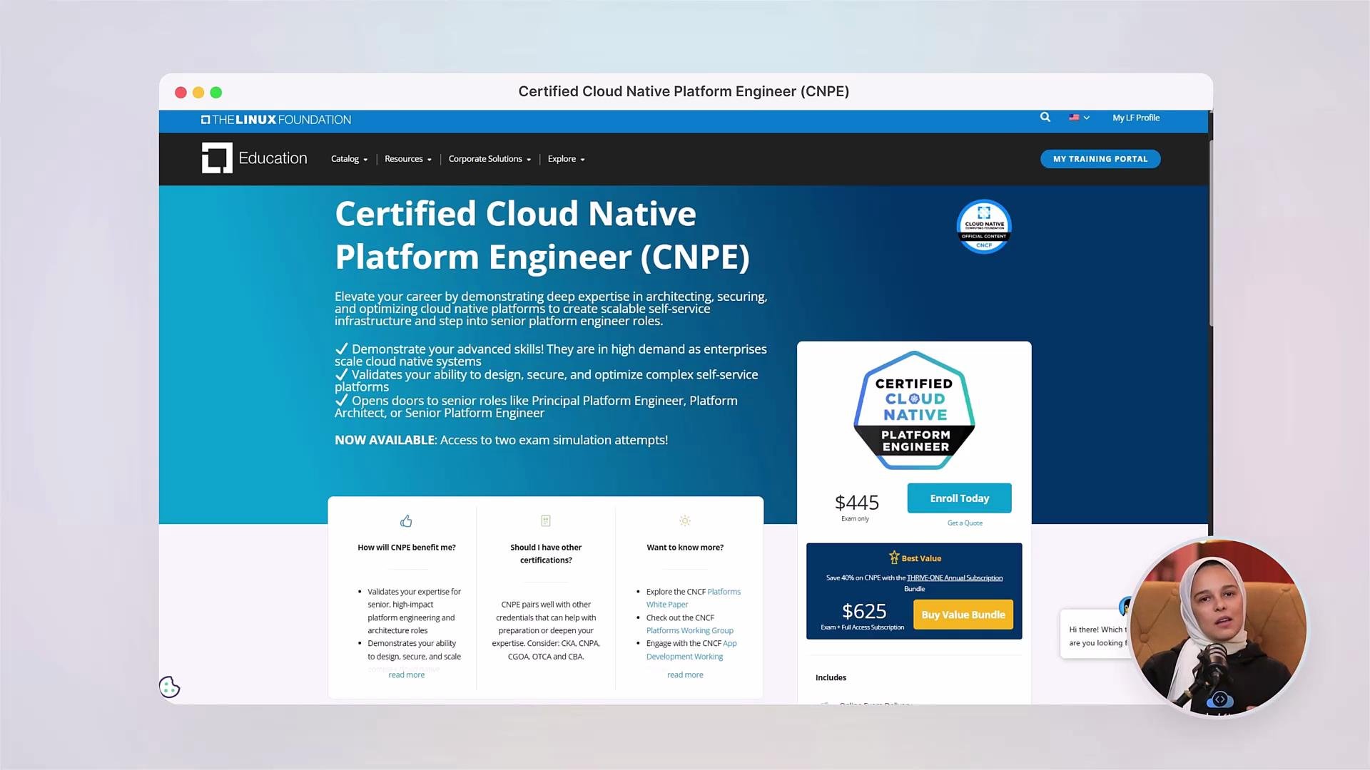 The image shows a webpage for the Certified Cloud Native Platform Engineer (CNPE) course offered by the Linux Foundation. It includes details about the certification benefits, pricing, and options to enroll, with a small circular inset of a person in the corner.