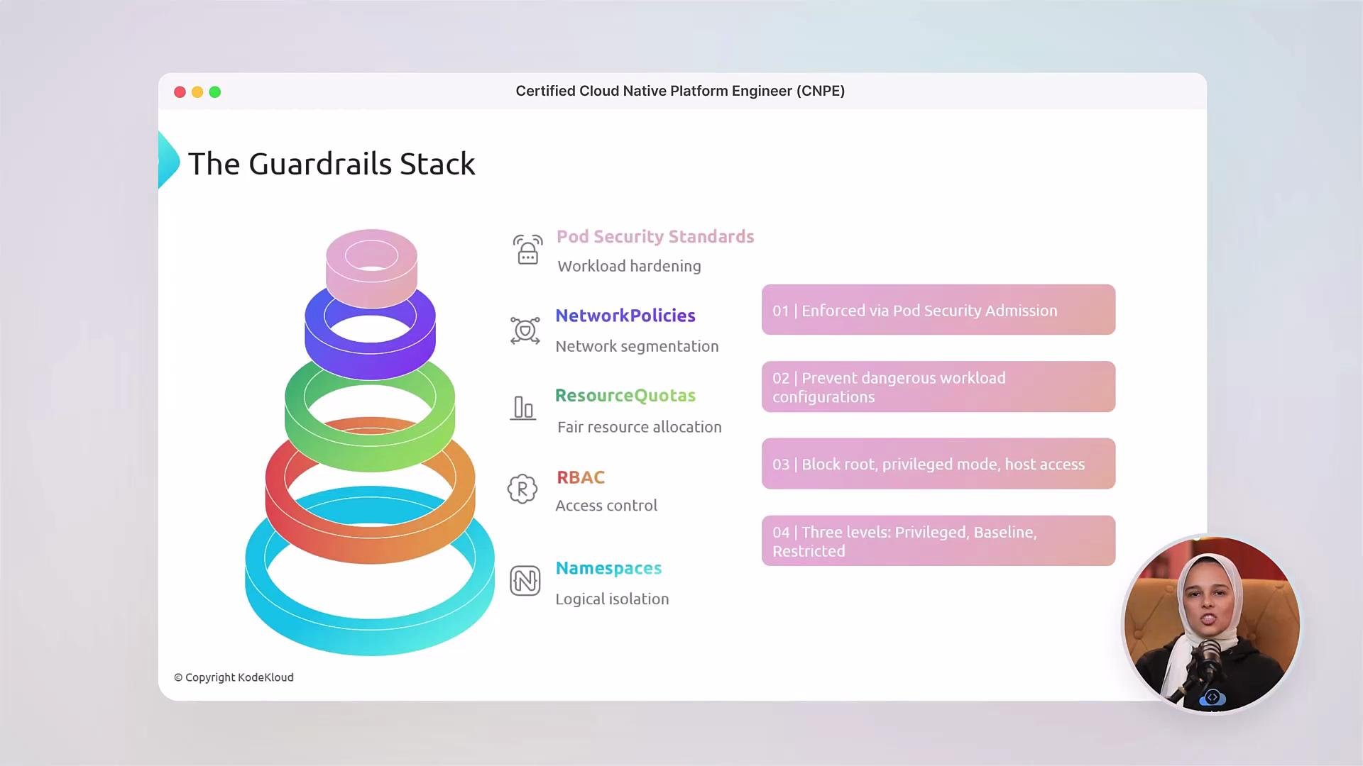 The image shows a diagram labeled "The Guardrails Stack" with colorful concentric rings, alongside text describing concepts like Pod Security Standards, NetworkPolicies, ResourceQuotas, RBAC, and Namespaces. A small inset shows a person speaking.