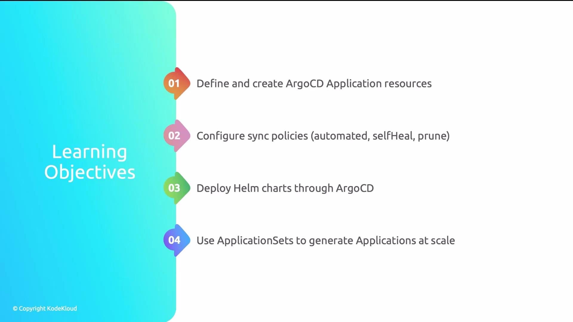 The image lists four learning objectives related to ArgoCD, including creating application resources, configuring sync policies, deploying Helm charts, and using ApplicationSets for scaling.