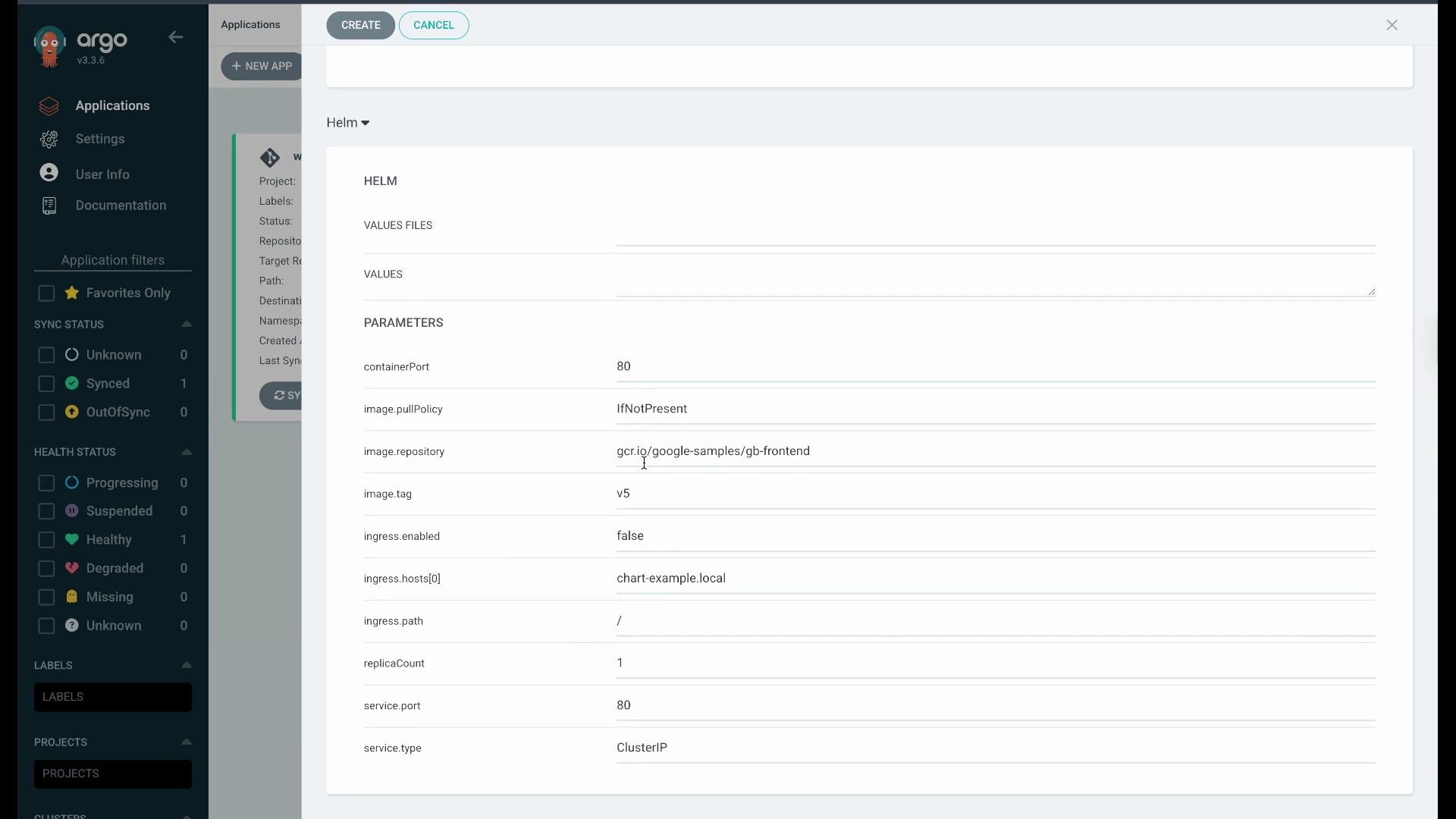 The image shows an Argo CD user interface displaying a Helm configuration with parameters like containerPort, image.repository, and service.type. There are sync and health status indicators on the left.