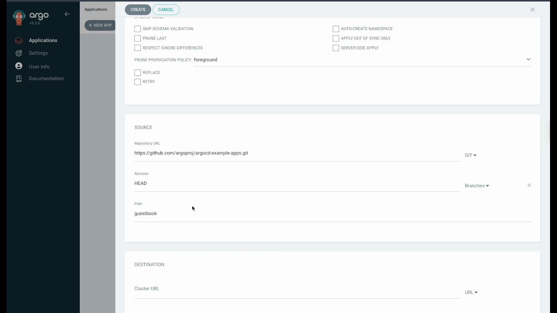 The image shows the Argo CD interface with settings for creating a new application, including sections for configuring the source repository and destination cluster.
