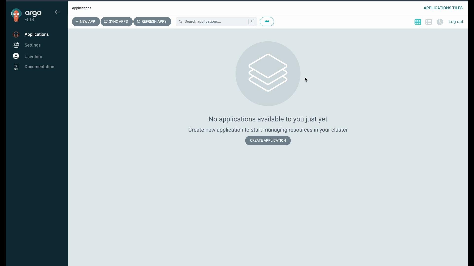The image shows an Argo CD interface with a message indicating that no applications are available. There's a prompt to create a new application to manage resources in the cluster.