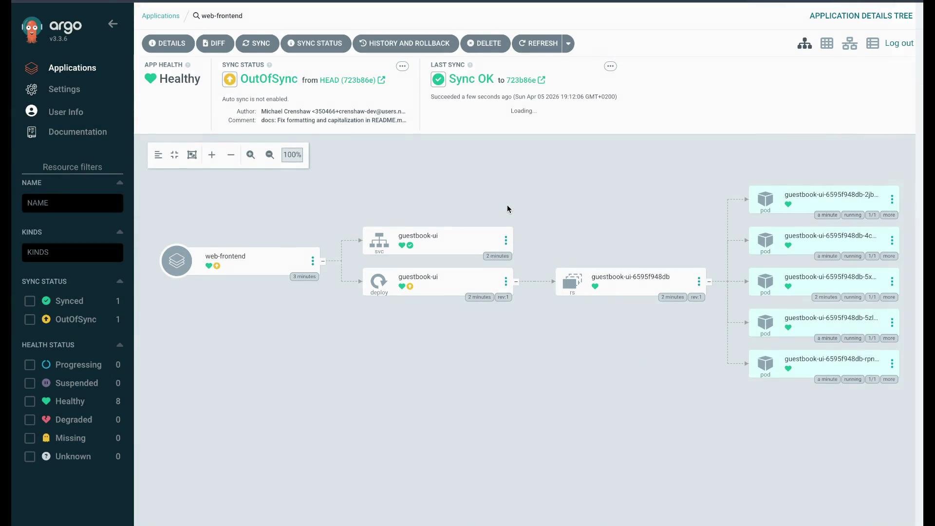 The image shows an Argo CD interface with an application deployment diagram, indicating the health and sync status of a "web-frontend" application and its components. The application is "OutOfSync" but "Healthy", and includes various services, deployments, and pods.