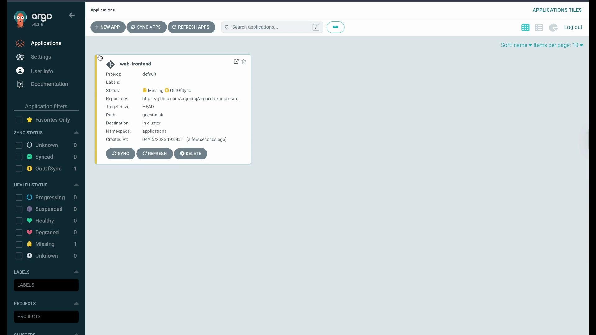 The image shows the Argo CD interface displaying the status of a "web-frontend" project, which is marked as "OutOfSync" and "Missing." There are options to sync, refresh, or delete the application.