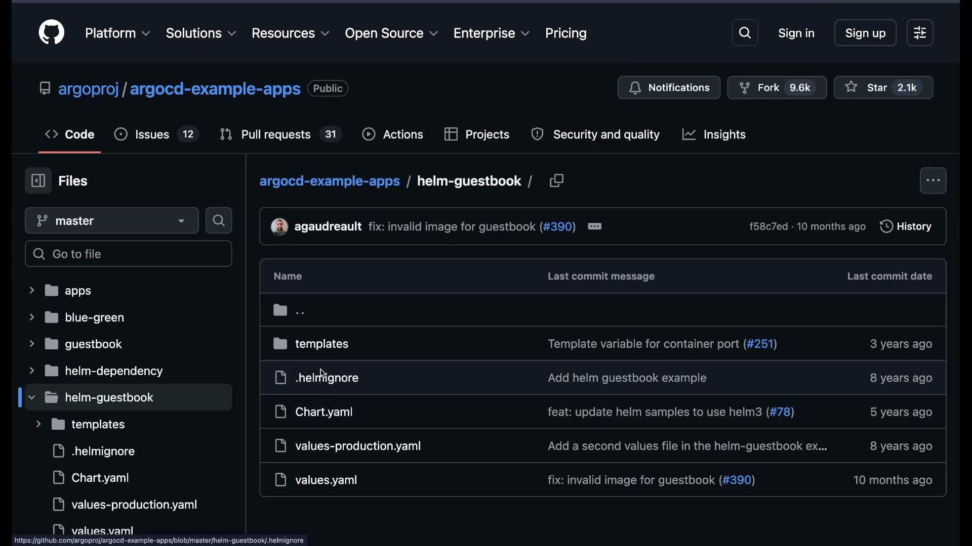 This image shows a GitHub repository page for "argocd-example-apps," specifically focusing on the "helm-guestbook" directory. It lists files and folders along with their last commit messages and dates.