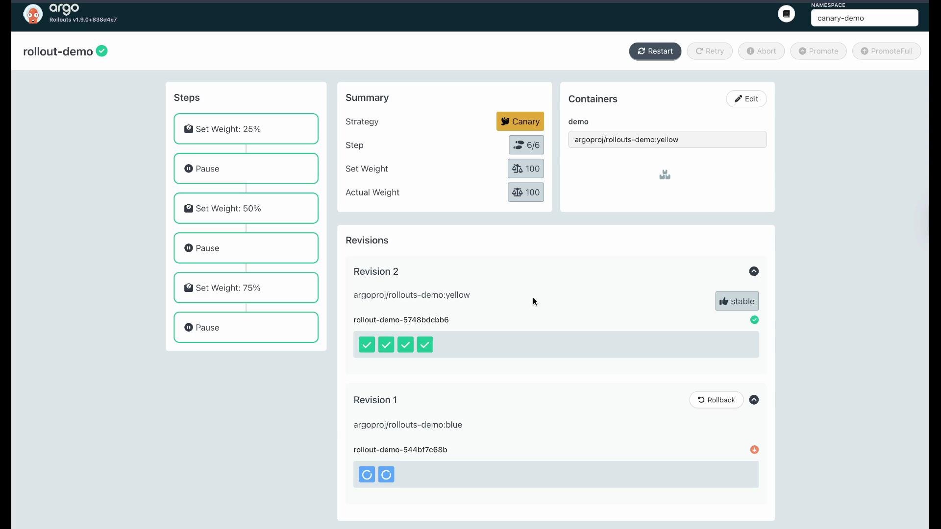 The image shows a dashboard from the Argo Rollouts system, displaying a canary deployment strategy with various steps, including weight settings and pauses, and information on deployment revisions.