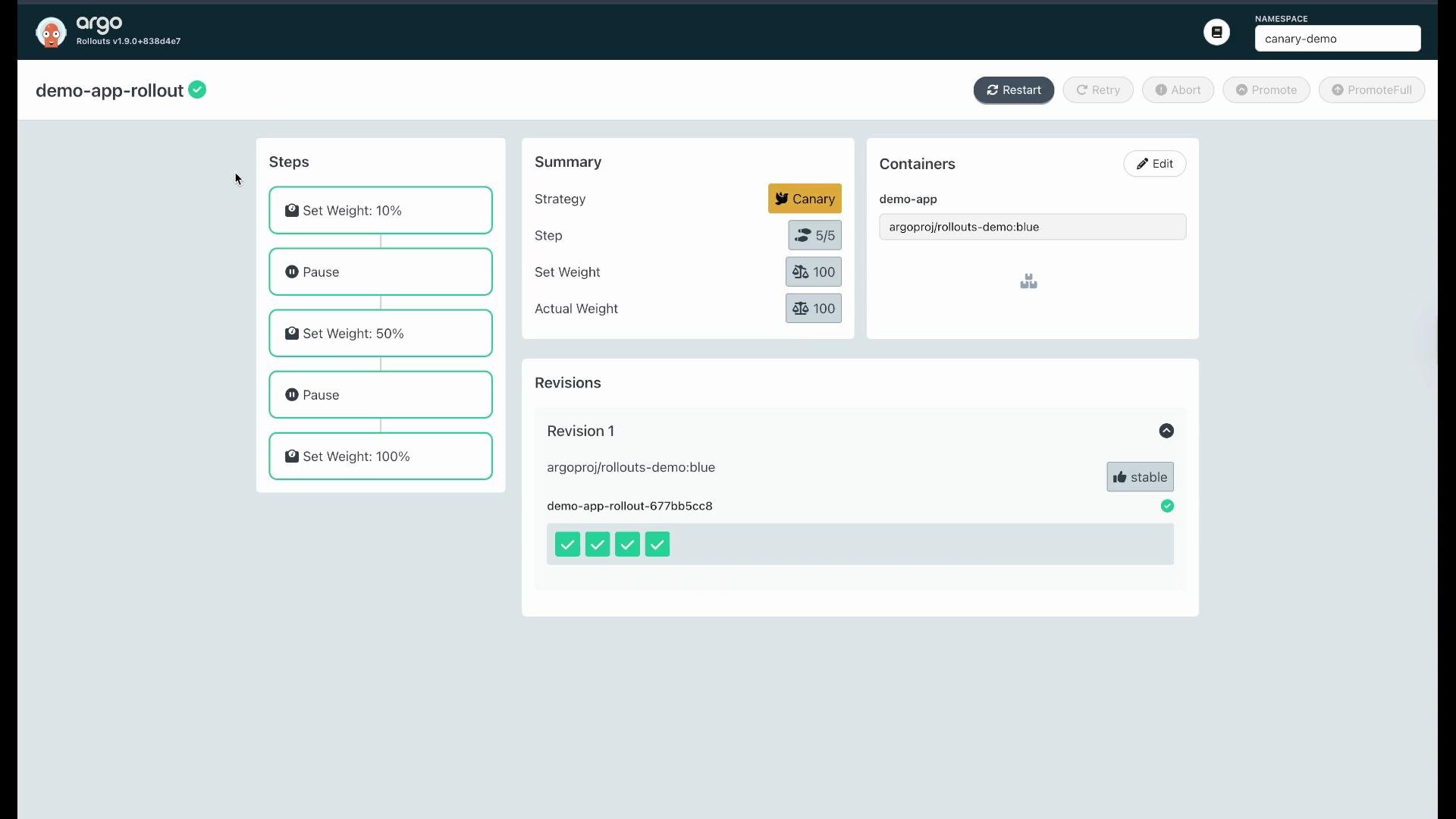 The image shows the Argo Rollouts user interface displaying a demo application rollout in progress using a canary strategy, with weight settings and revisions detailed.