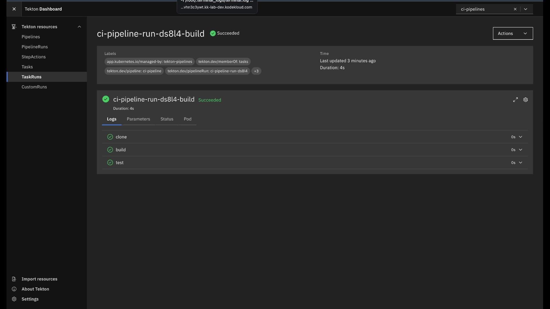 The image shows a Tekton Dashboard with a successful pipeline run named "ci-pipeline-run-ds8l4-build," displaying logs with tasks labeled "clone," "build," and "test."