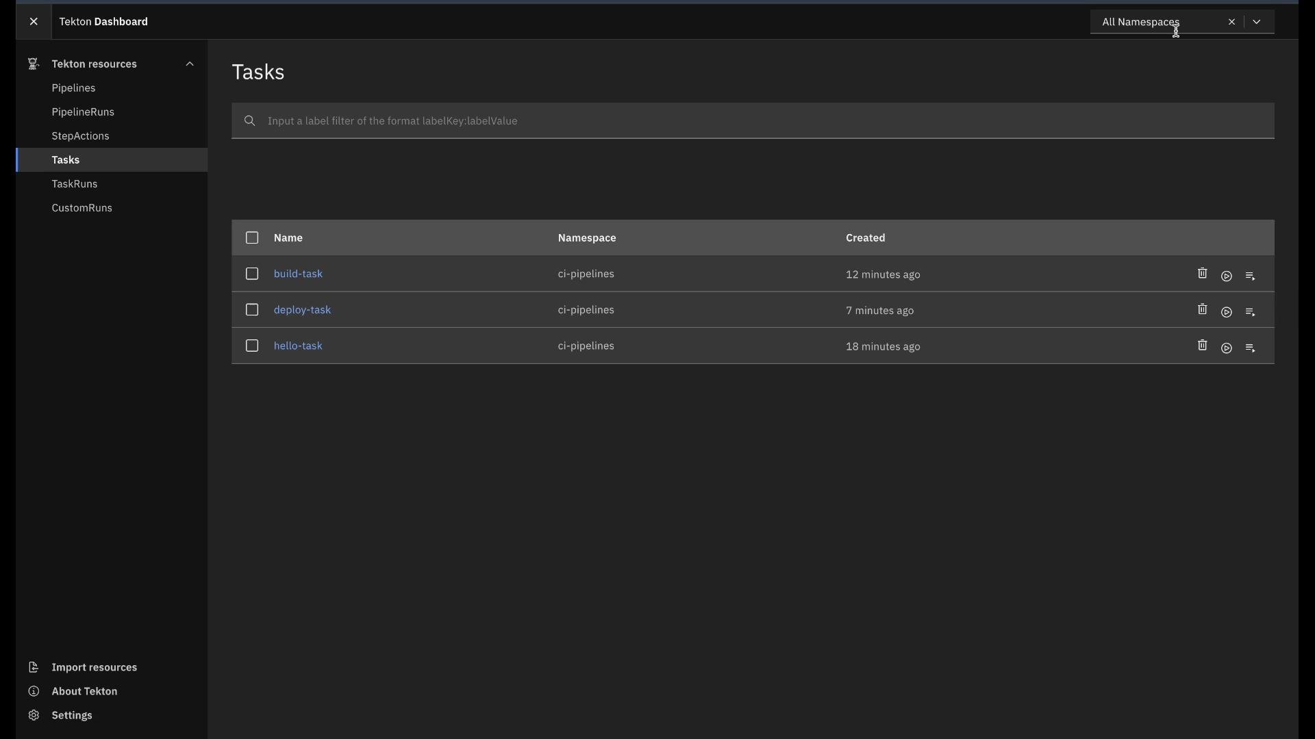The image displays the Tekton Dashboard with a list of tasks, showing task names, namespaces, and creation times. It includes options for filtering and managing tasks in a CI pipeline context.